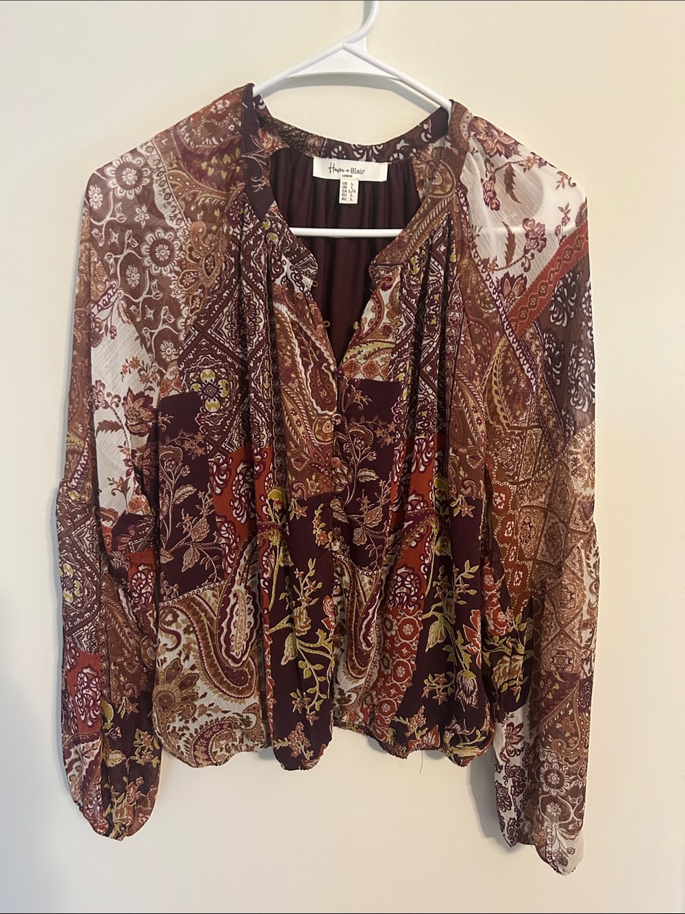 Hannah Blazer Burgundy Paisley V-Neck Blouse